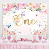 Toile de fond rose floral et papillon joyeux 1er anniversaire